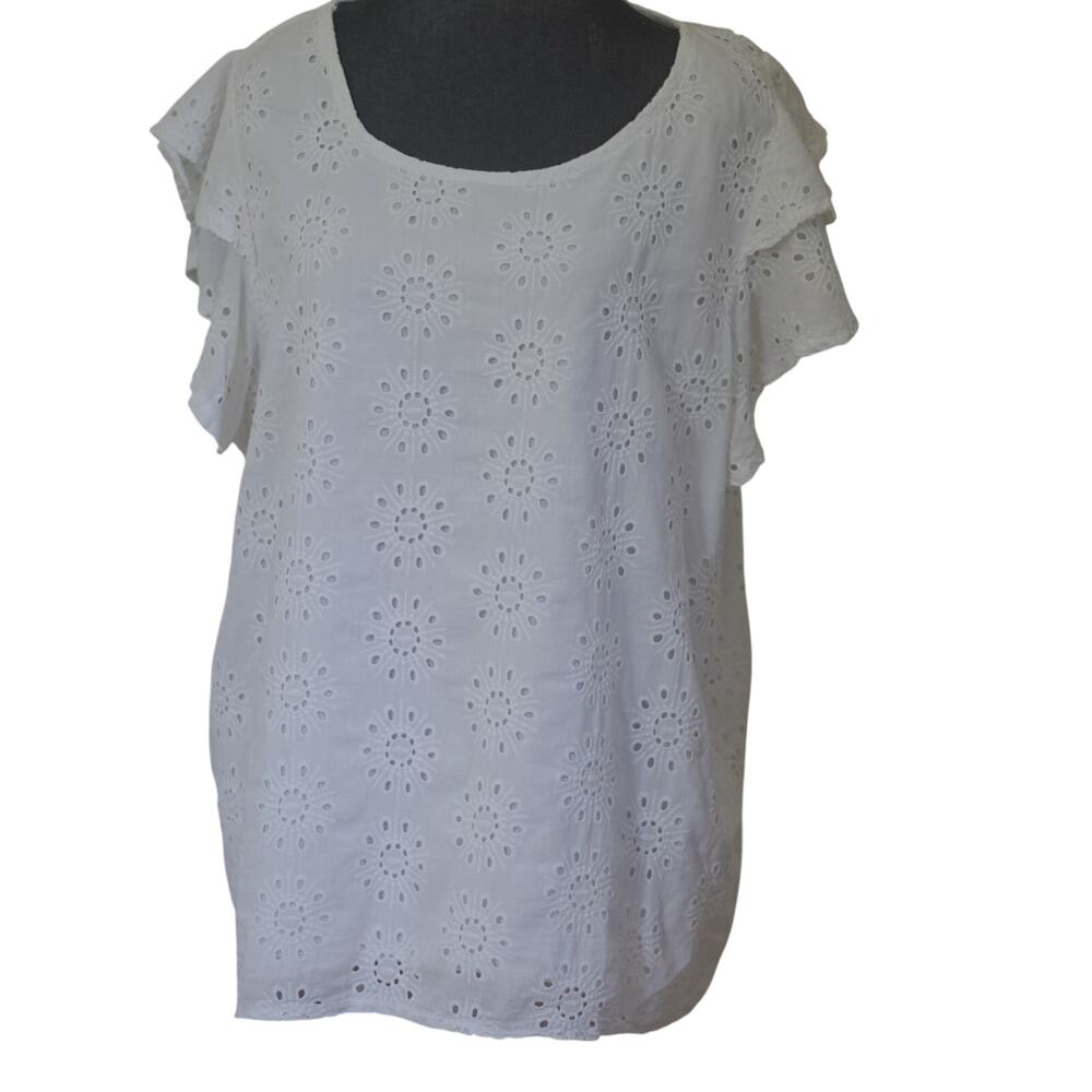 White Eyelet Embroidered Flutter Sleeve Blouse Women's Plus Size Unbranded